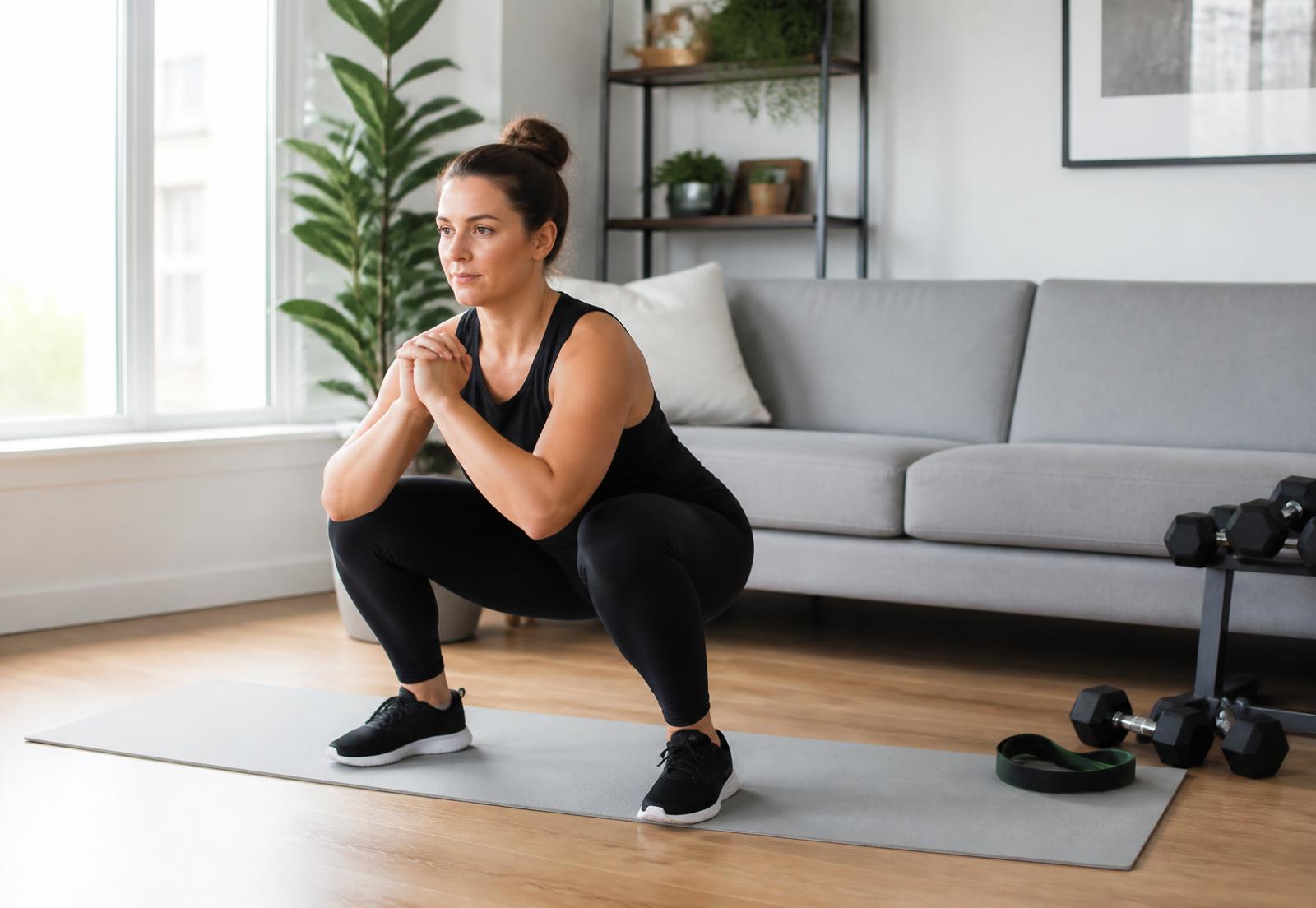 Helles Wohnzimmer mit Trainingsmatte, Kurzhanteln und Fitnessband bei Tageslicht
